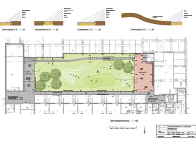 Eerste binnentuin Hasselaerhof. Technische uitwerking: Limes Landschapsadvies. Begeleiding onderhoud en beheer: Buiten de Perken, Adviesbureau groen en begraafplaatsen